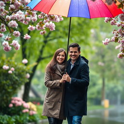 A romantic scene of a couple walking under a colorful umbrella during a light rain, with raindrops falling around them, surrounded by lush green trees and blooming flowers