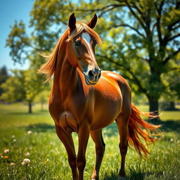 A stunningly beautiful horse standing majestically in a lush green meadow, sunlight filtering through gently swaying trees, showcasing its shiny coat of chestnut brown against a backdrop of clear blue sky
