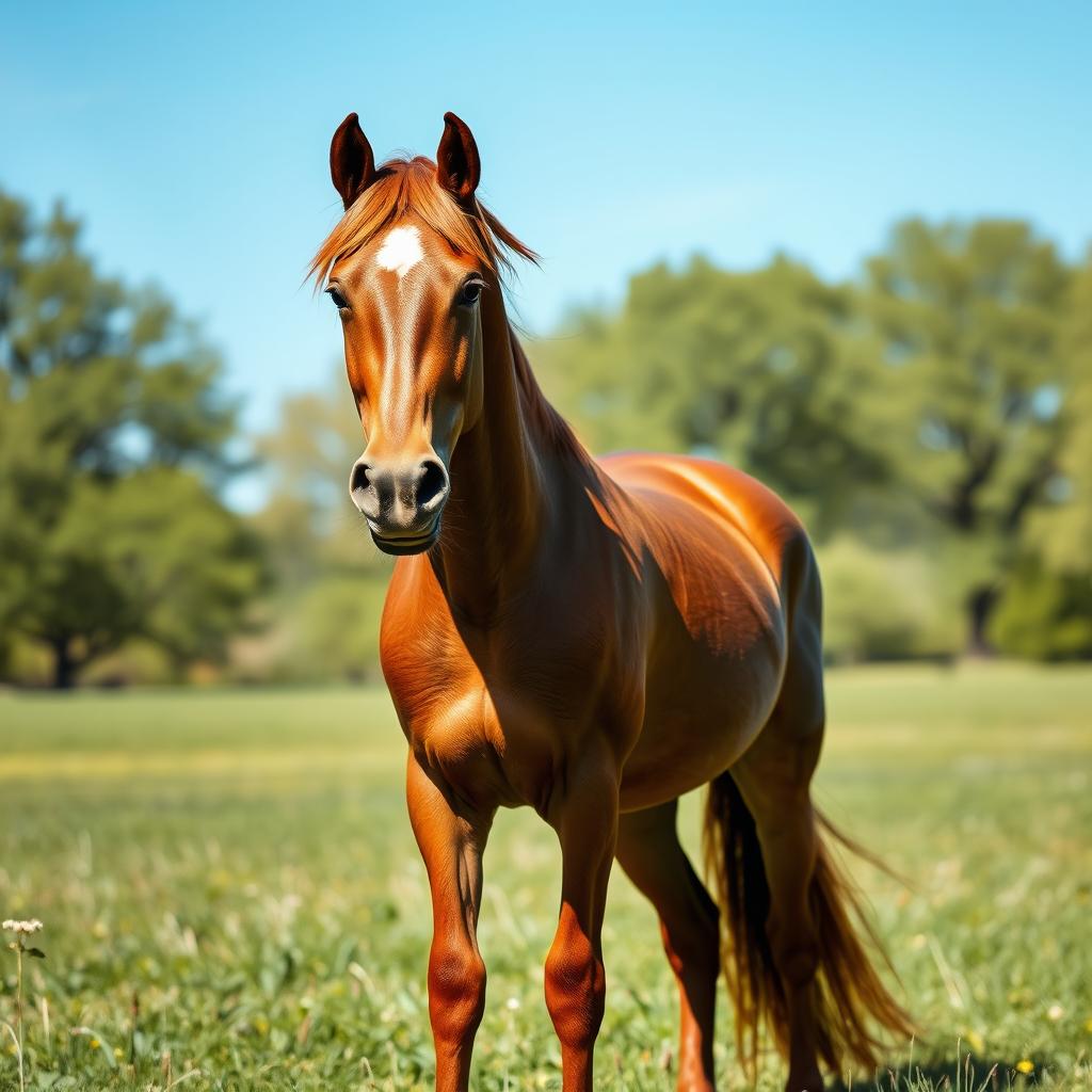 A stunningly beautiful horse standing majestically in a lush green meadow, sunlight filtering through gently swaying trees, showcasing its shiny coat of chestnut brown against a backdrop of clear blue sky