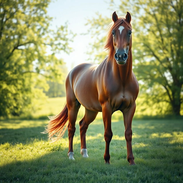 A stunningly beautiful horse standing majestically in a lush green meadow, sunlight filtering through gently swaying trees, showcasing its shiny coat of chestnut brown against a backdrop of clear blue sky