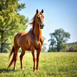 A stunningly beautiful horse standing majestically in a lush green meadow, sunlight filtering through gently swaying trees, showcasing its shiny coat of chestnut brown against a backdrop of clear blue sky