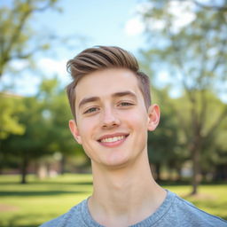A young man with a strong jawline and a stylish haircut, smiling confidently