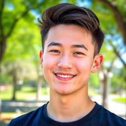 A young man with a strong jawline and a stylish haircut, smiling confidently