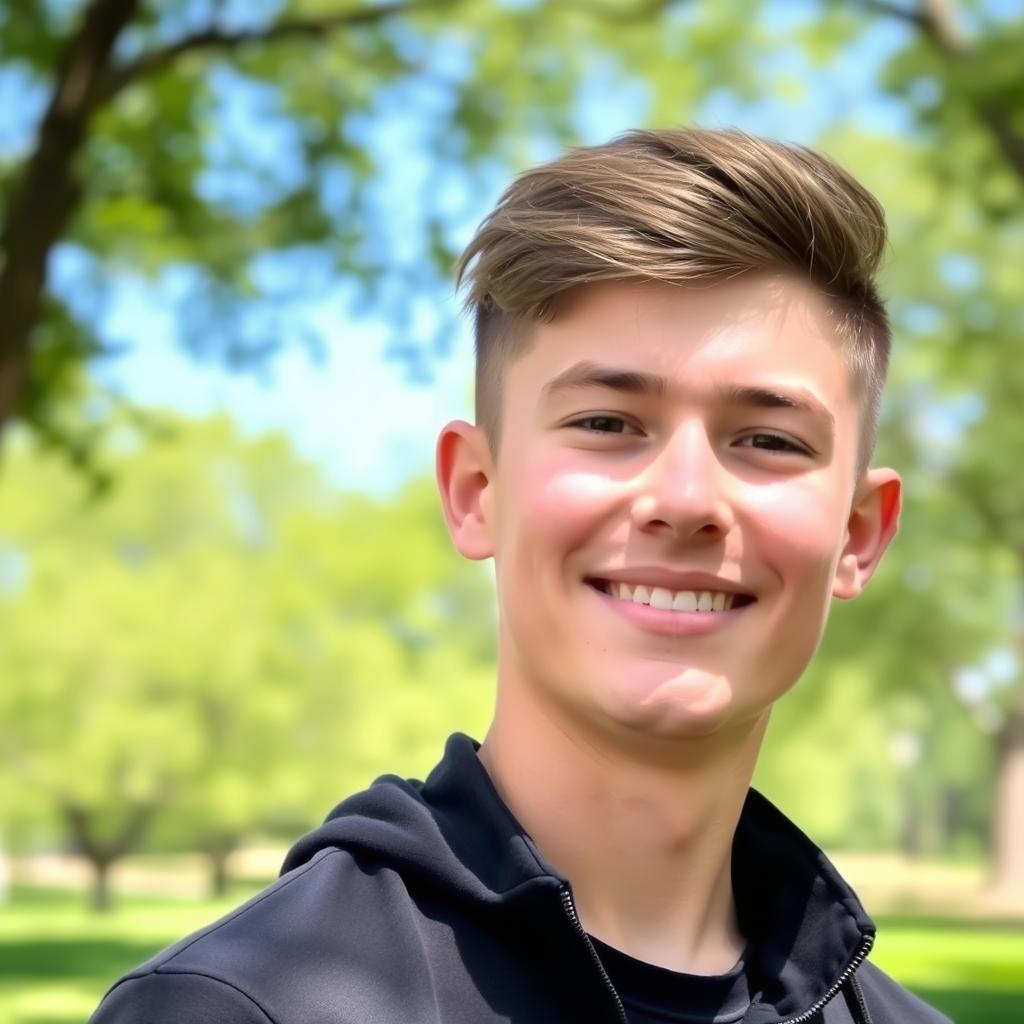 A young man with a strong jawline and a stylish haircut, smiling confidently