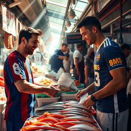 Lionel Messi joyfully shopping at a bustling fish market, selecting fresh seafood, while Cristiano Ronaldo stands nearby, curiously purchasing fish from the same stall