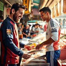 Lionel Messi joyfully shopping at a bustling fish market, selecting fresh seafood, while Cristiano Ronaldo stands nearby, curiously purchasing fish from the same stall