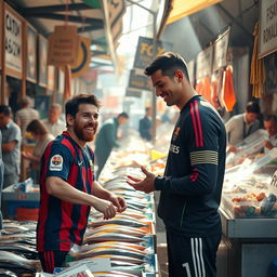 Lionel Messi joyfully shopping at a bustling fish market, selecting fresh seafood, while Cristiano Ronaldo stands nearby, curiously purchasing fish from the same stall