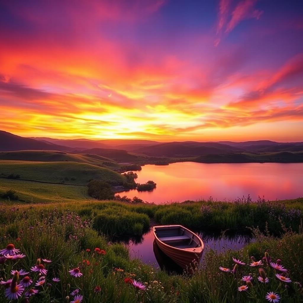 A serene landscape featuring rolling hills under a vibrant sunset sky, the colors blending seamlessly from warm oranges to deep purples