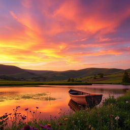 A serene landscape featuring rolling hills under a vibrant sunset sky, the colors blending seamlessly from warm oranges to deep purples