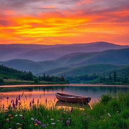 A serene landscape featuring rolling hills under a vibrant sunset sky, the colors blending seamlessly from warm oranges to deep purples