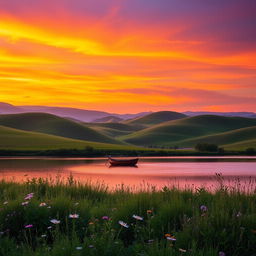 A serene landscape featuring rolling hills under a vibrant sunset sky, the colors blending seamlessly from warm oranges to deep purples