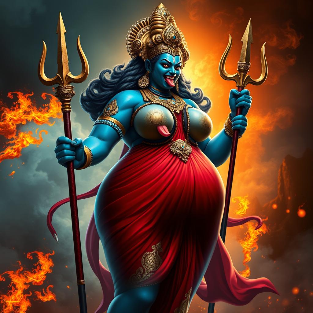 A powerful and fierce depiction of a deity with a curvy figure, featuring a large, angry face and tongue sticking out