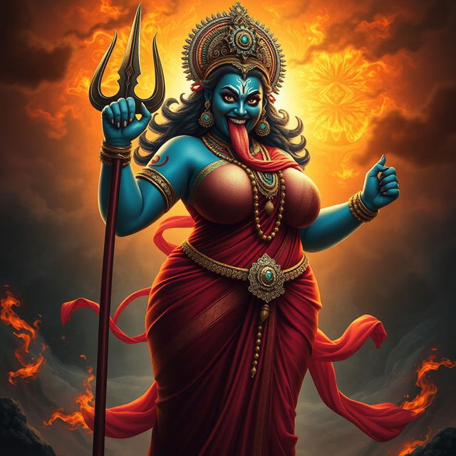 A powerful and fierce depiction of a deity with a curvy figure, featuring a large, angry face and tongue sticking out
