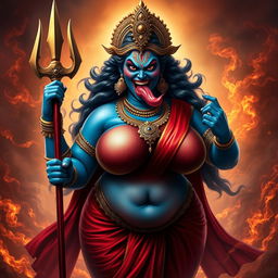 A powerful and fierce depiction of a deity with a curvy figure, featuring a large, angry face and tongue sticking out