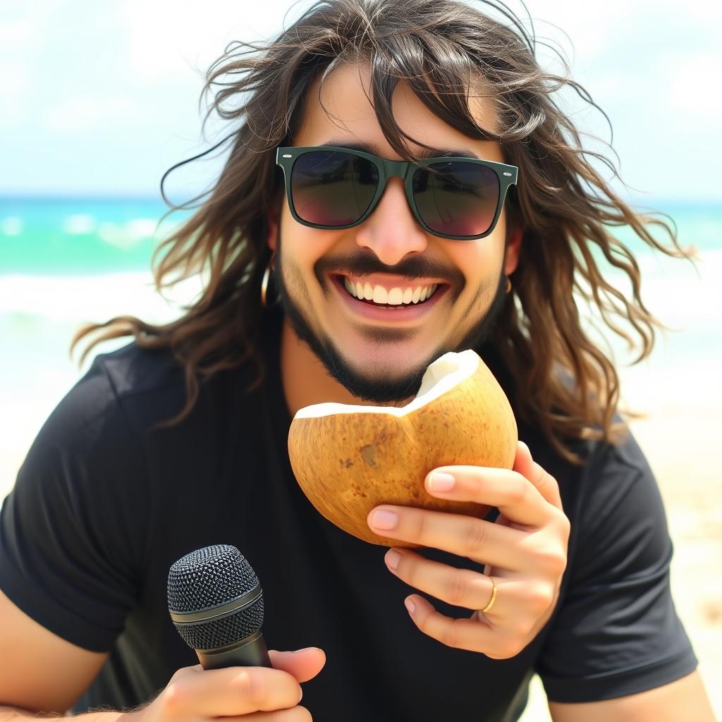 A tall Iranian man with long, tousled hair and wearing sunglasses, dressed in a black t-shirt, sitting on the beautiful beaches of Hawaii