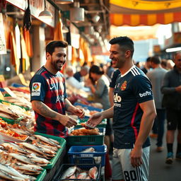 Lionel Messi joyfully shopping at a bustling fish market, selecting fresh seafood, while Cristiano Ronaldo, wearing a Manchester United jersey, stands nearby purchasing fish from the same stall
