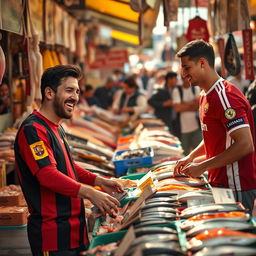 Lionel Messi joyfully shopping at a bustling fish market, selecting fresh seafood, while Cristiano Ronaldo, wearing a Manchester United jersey, stands nearby purchasing fish from the same stall