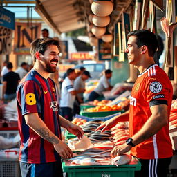 Lionel Messi joyfully shopping at a bustling fish market, selecting fresh seafood, while Cristiano Ronaldo, wearing a Manchester United jersey, stands nearby purchasing fish from the same stall