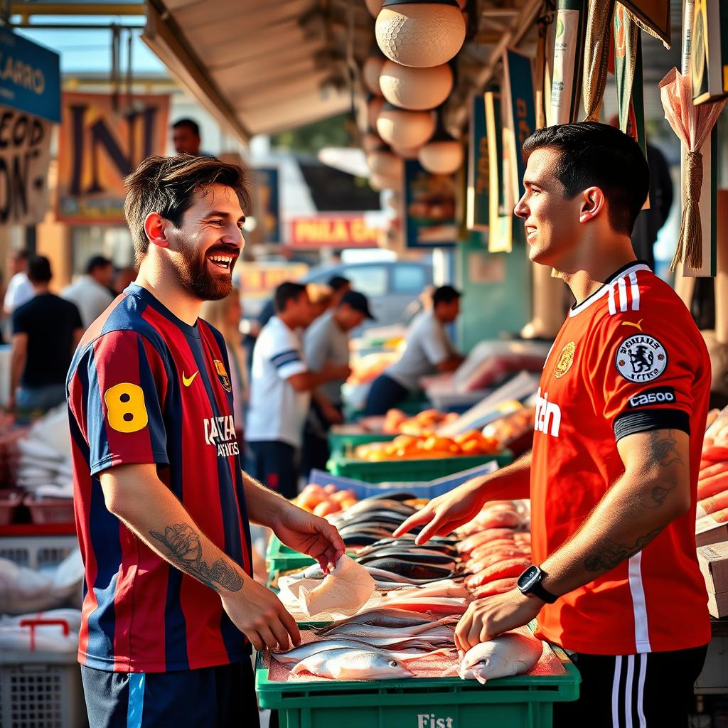 Lionel Messi joyfully shopping at a bustling fish market, selecting fresh seafood, while Cristiano Ronaldo, wearing a Manchester United jersey, stands nearby purchasing fish from the same stall