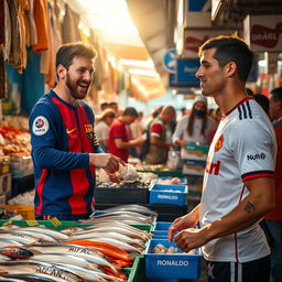 Lionel Messi joyfully shopping at a bustling fish market, selecting fresh seafood, while Cristiano Ronaldo, wearing a Manchester United jersey, stands nearby purchasing fish from the same stall