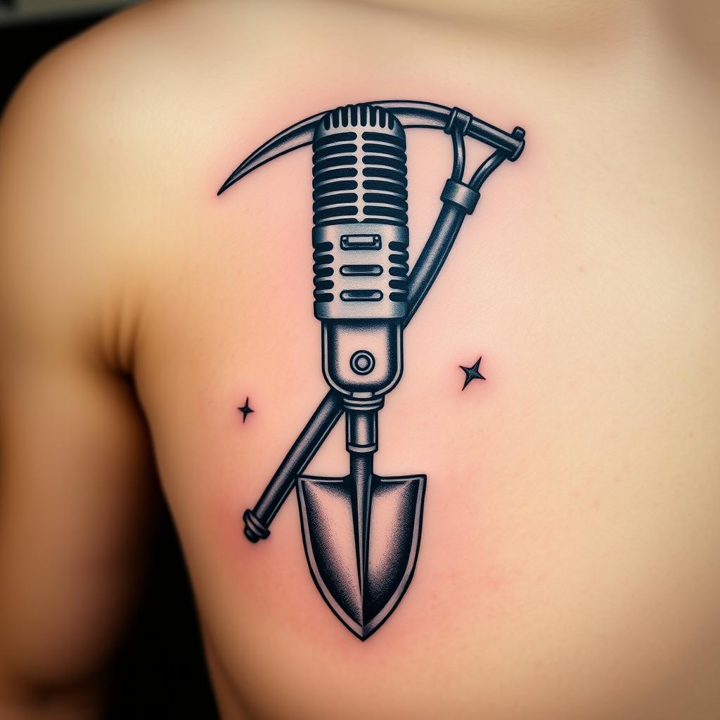 A unique tattoo design featuring the fusion of a microphone, a pickaxe, and a shovel