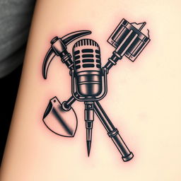 A unique tattoo design featuring the fusion of a microphone, a pickaxe, and a shovel