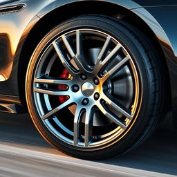 A close-up view of a shiny, modern car wheel with intricate designs and high-performance tires