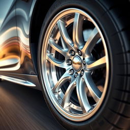 A close-up view of a shiny, modern car wheel with intricate designs and high-performance tires