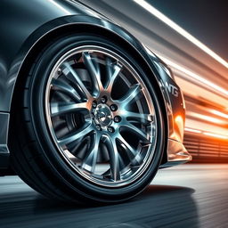 A close-up view of a shiny, modern car wheel with intricate designs and high-performance tires