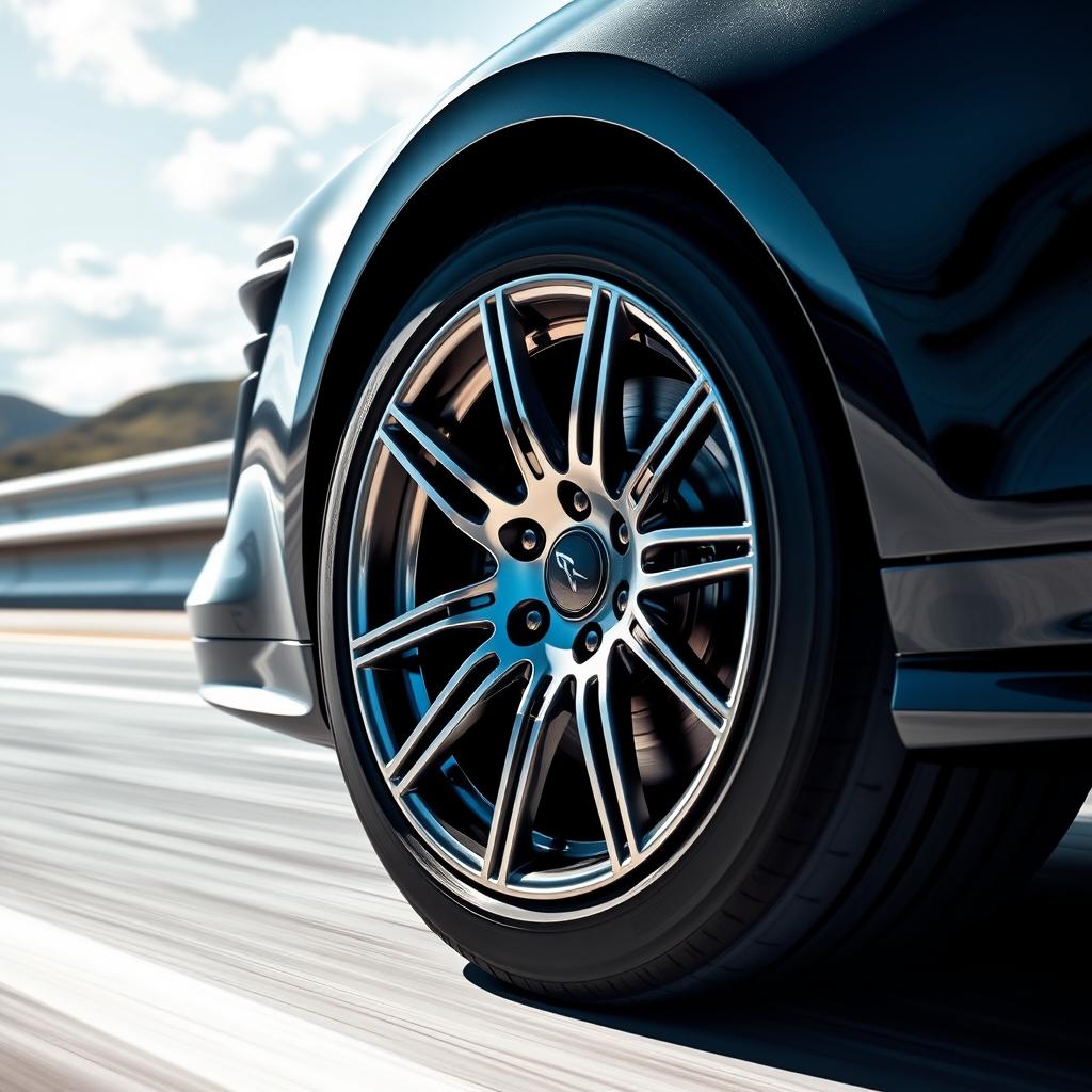 A close-up view of a shiny, modern car wheel with intricate designs and high-performance tires
