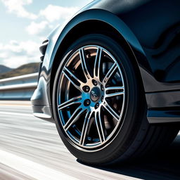 A close-up view of a shiny, modern car wheel with intricate designs and high-performance tires