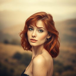 A visually striking portrait of a petite redhead woman, confidently posing in an elegant and tasteful artistic manner