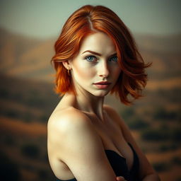 A visually striking portrait of a petite redhead woman, confidently posing in an elegant and tasteful artistic manner
