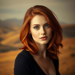 A visually striking portrait of a petite redhead woman, confidently posing in an elegant and tasteful artistic manner