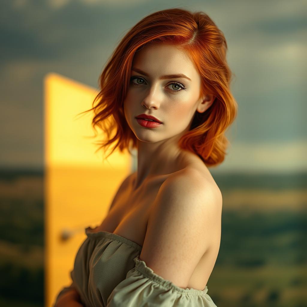 A visually striking portrait of a petite redhead woman, confidently posing in an elegant and tasteful artistic manner