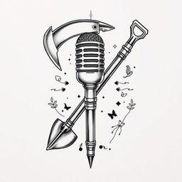 A unique tattoo design featuring a microphone, a pickaxe, and a shovel creatively fused together
