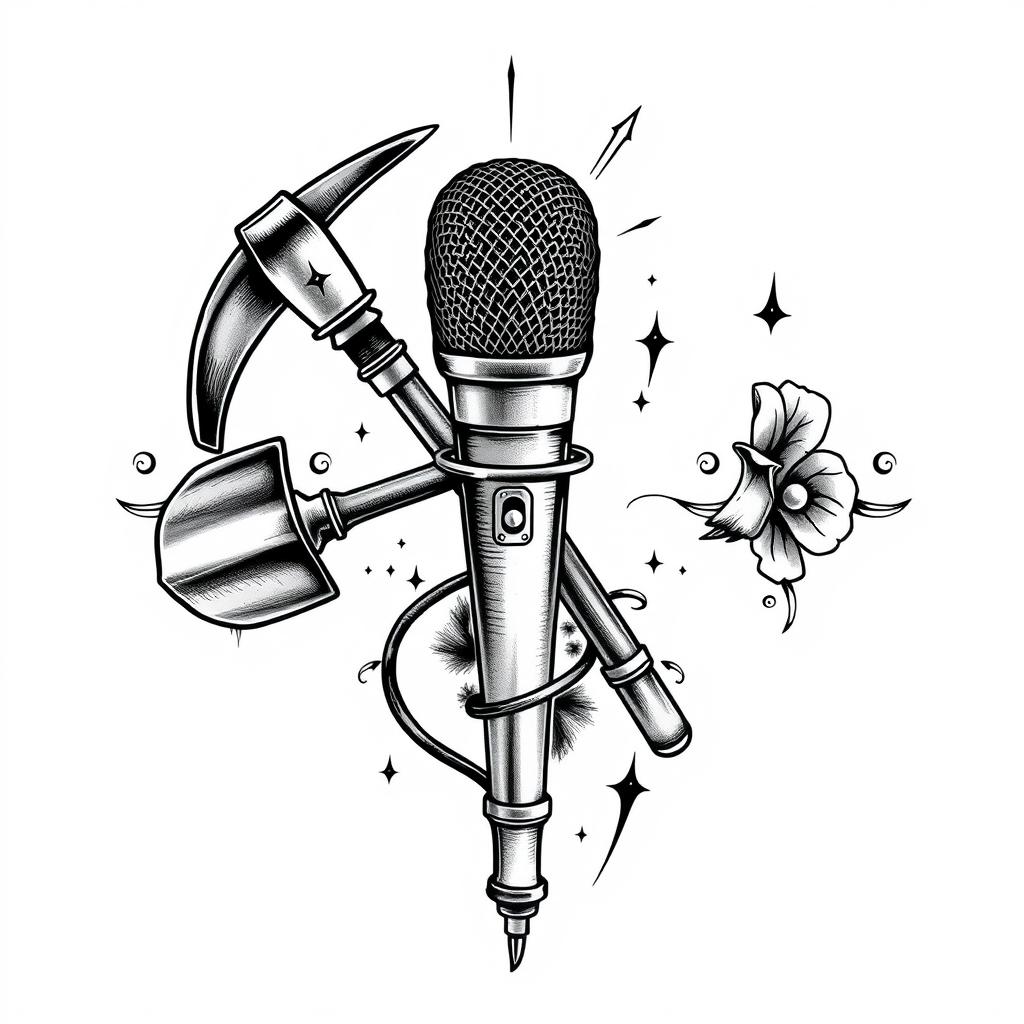 A unique tattoo design featuring a microphone, a pickaxe, and a shovel creatively fused together