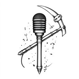 A unique tattoo design featuring a microphone, a pickaxe, and a shovel creatively fused together