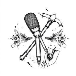 A unique tattoo design featuring a microphone, a pickaxe, and a shovel creatively fused together