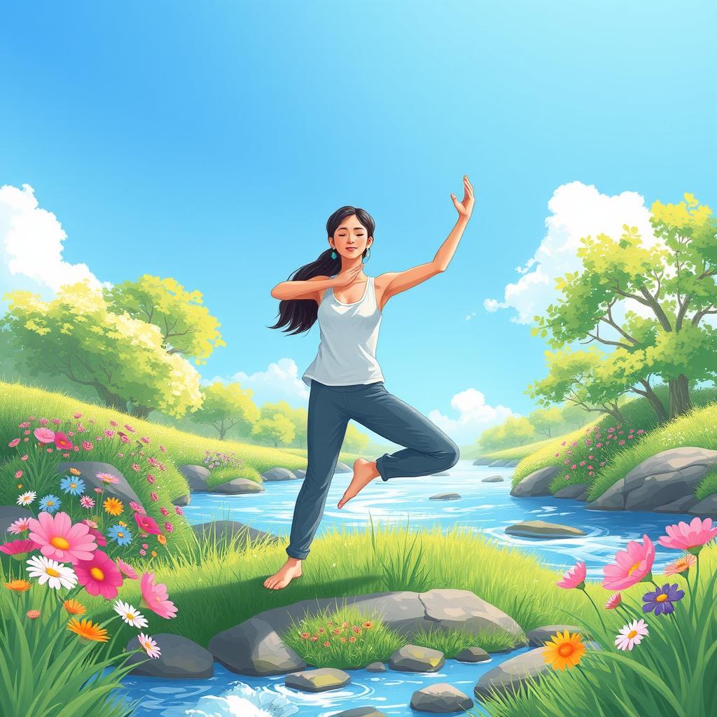 A serene and uplifting scene depicting natural ways to overcome depression, featuring a beautiful landscape with a person practicing yoga outdoors under a clear blue sky, surrounded by vibrant flowers and greenery, radiating positivity and wellness