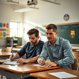 Lionel Messi and Cristiano Ronaldo sitting together at a desk in a bright classroom, both focused on a written exam