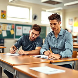 Lionel Messi and Cristiano Ronaldo sitting together at a desk in a bright classroom, both focused on a written exam