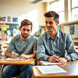 Lionel Messi and Cristiano Ronaldo sitting together at a desk in a bright classroom, both focused on a written exam