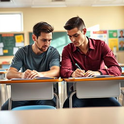 Lionel Messi and Cristiano Ronaldo sitting together at a desk in a bright classroom, both focused on a written exam