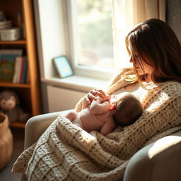 A serene and nurturing scene depicting a mother breastfeeding her baby in a cozy, softly lit room