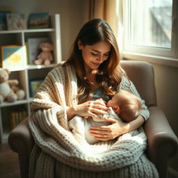 A serene and nurturing scene depicting a mother breastfeeding her baby in a cozy, softly lit room