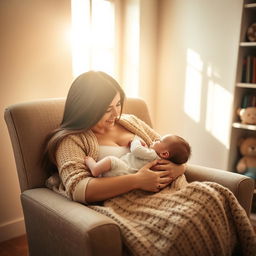 A serene and nurturing scene depicting a mother breastfeeding her baby in a cozy, softly lit room