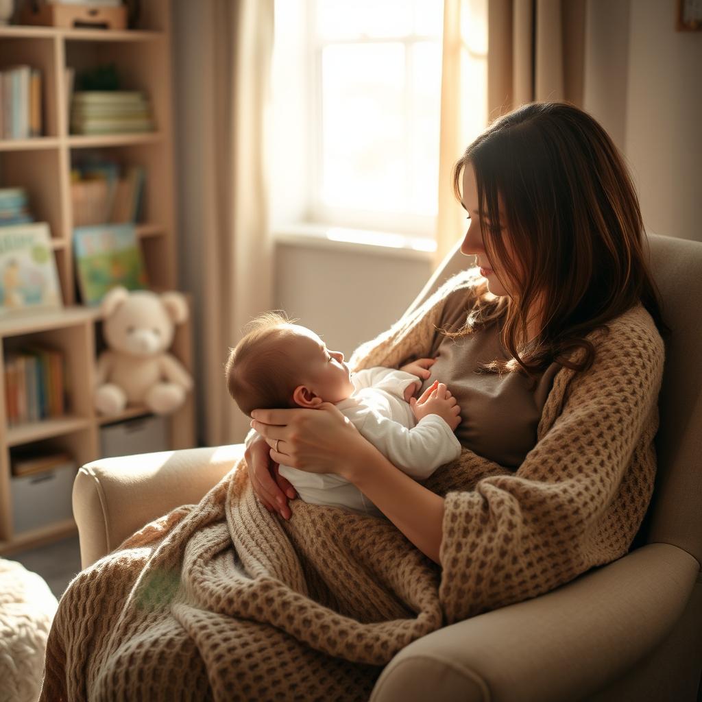 A serene and nurturing scene depicting a mother breastfeeding her baby in a cozy, softly lit room