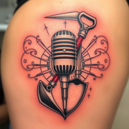 A creative tattoo design that seamlessly combines a microphone, a pickaxe, and a shovel into a single artistic piece