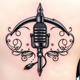 A creative tattoo design that seamlessly combines a microphone, a pickaxe, and a shovel into a single artistic piece